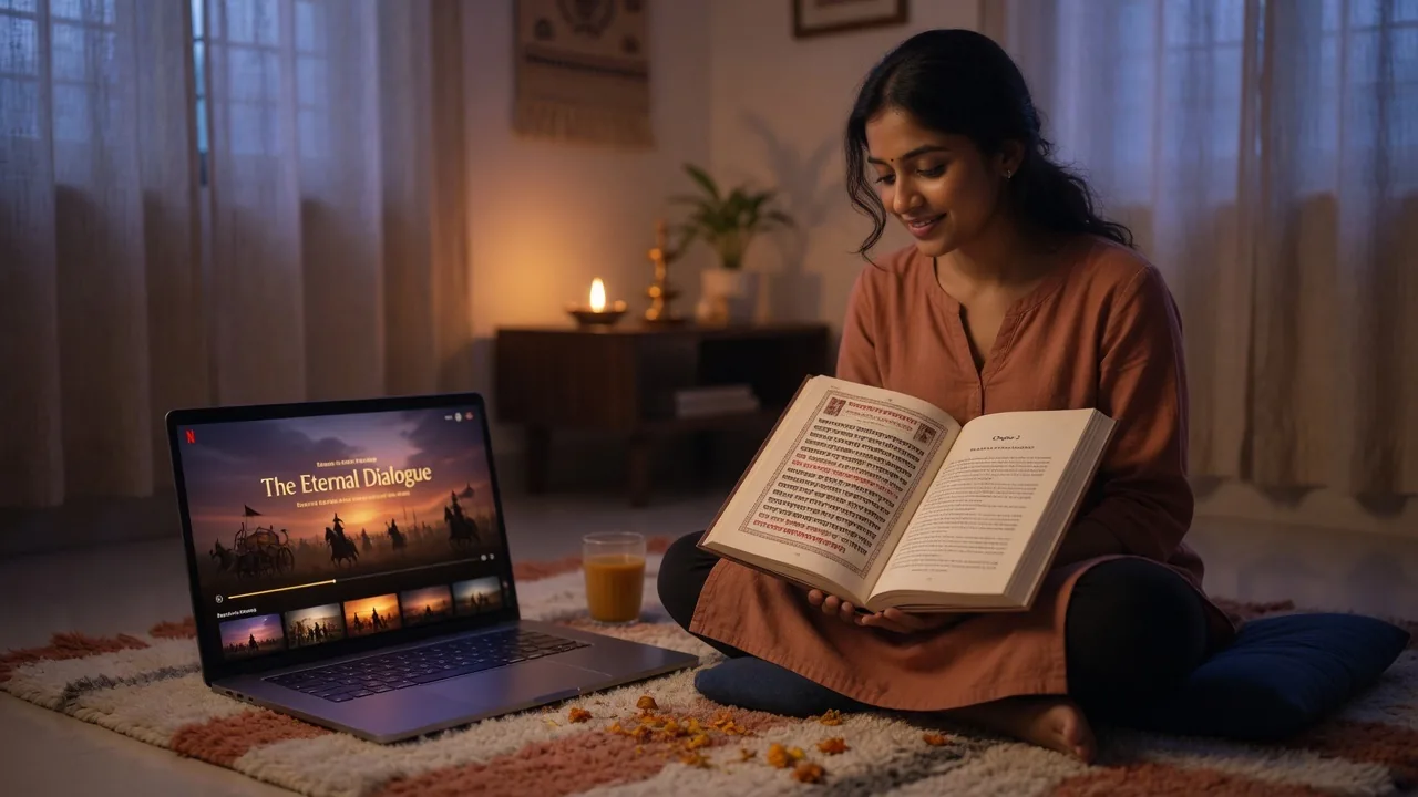 A woman reading the Bhagavad Gita at home, with the Gita film on a laptop beside her